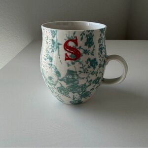 Anthropologie Homegrown Monogram Letter “S” Initial Green Floral Mug